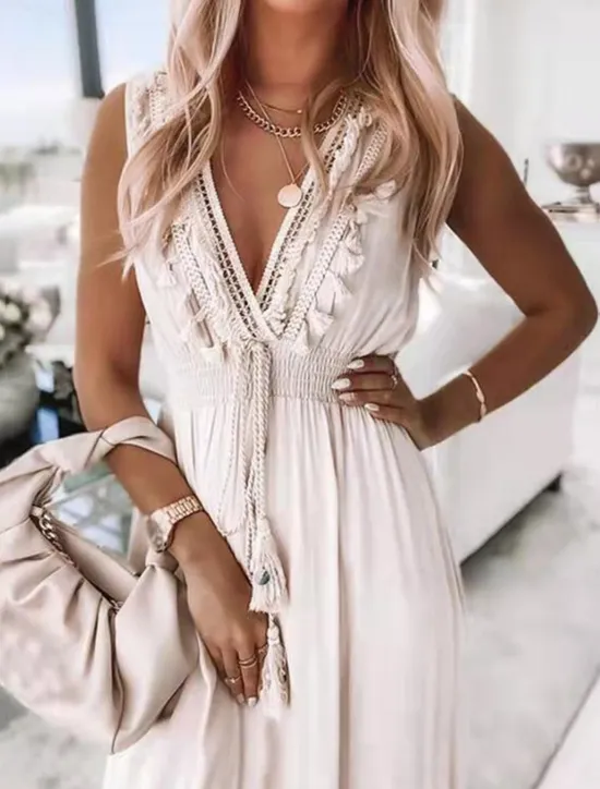Outlet Women's Midi Dress Lace Dress Sundress Boho Dress White Boho Dress Bohemia Vacation Street Holiday Regular Fit Sleeveless V Neck Summer Women White Dresses