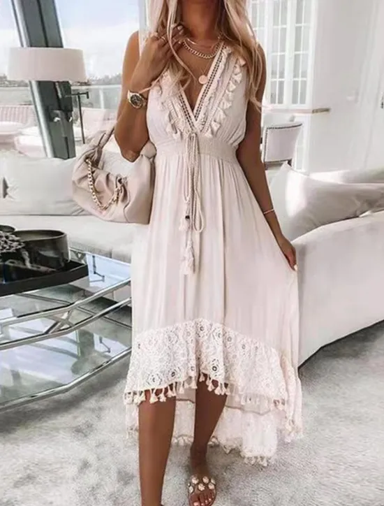 Outlet Women's Midi Dress Lace Dress Sundress Boho Dress White Boho Dress Bohemia Vacation Street Holiday Regular Fit Sleeveless V Neck Summer Women White Dresses