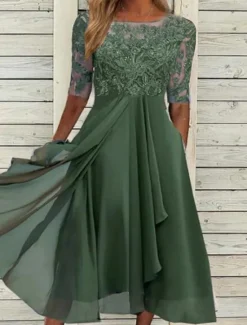 Discount Women's Midi Dress Lace Dress Cocktail Dress Wedding Guest Dress Chiffon Dress Elegant Formal Wedding Party Regular Fit Half Sleeve Crew Neck Blue Purple Green Summer Women Spring Dresses|Cocktail Dress