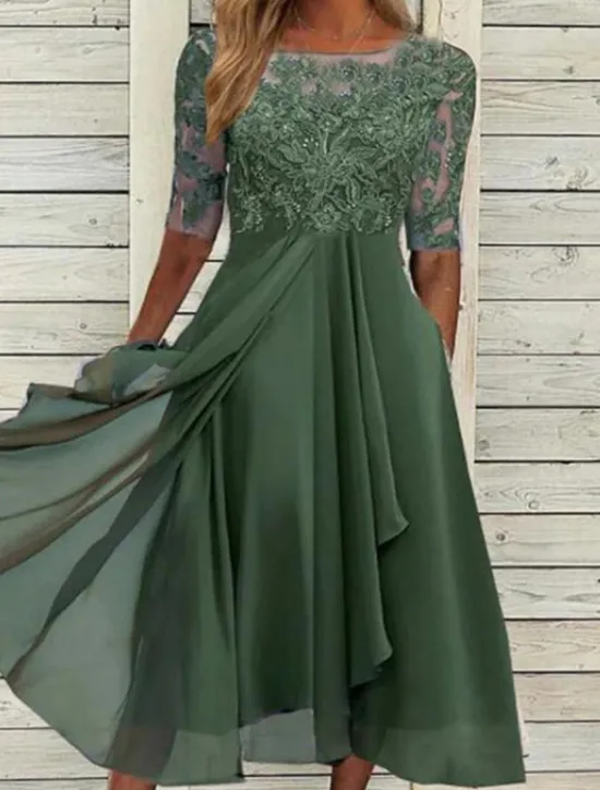 Discount Women's Midi Dress Lace Dress Cocktail Dress Wedding Guest Dress Chiffon Dress Elegant Formal Wedding Party Regular Fit Half Sleeve Crew Neck Blue Purple Green Summer Women Spring Dresses|Cocktail Dress
