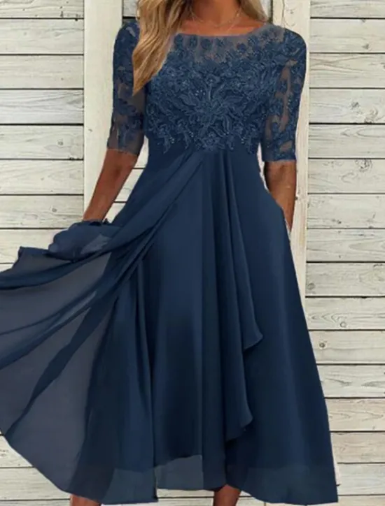 Discount Women's Midi Dress Lace Dress Cocktail Dress Wedding Guest Dress Chiffon Dress Elegant Formal Wedding Party Regular Fit Half Sleeve Crew Neck Blue Purple Green Summer Women Spring Dresses|Cocktail Dress
