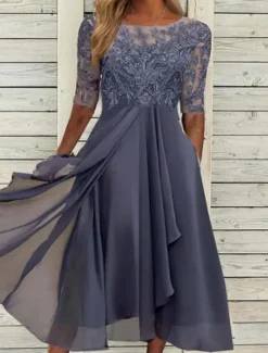 Discount Women's Midi Dress Lace Dress Cocktail Dress Wedding Guest Dress Chiffon Dress Elegant Formal Wedding Party Regular Fit Half Sleeve Crew Neck Blue Purple Green Summer Women Spring Dresses|Cocktail Dress
