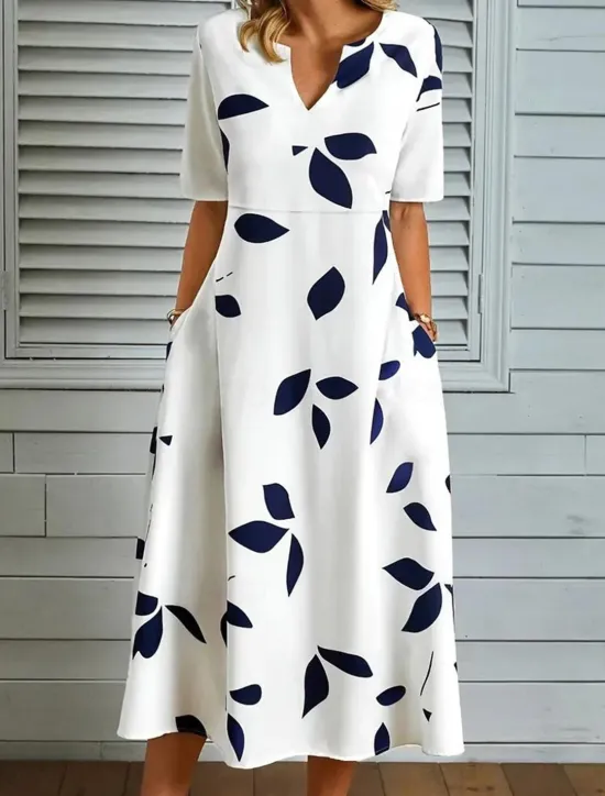 Hot Women's Midi Dress Leaf Pocket Print Split Neck Daily Vacation Half Sleeve Fall Women Casual Dress