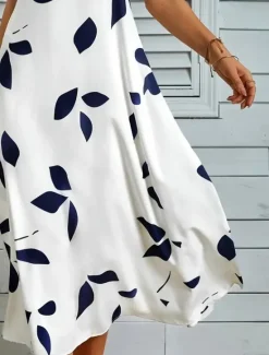 Hot Women's Midi Dress Leaf Pocket Print Split Neck Daily Vacation Half Sleeve Fall Women Casual Dress