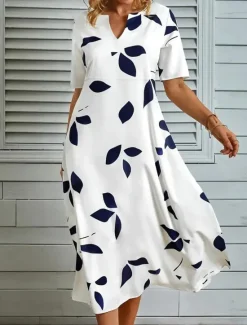 Hot Women's Midi Dress Leaf Pocket Print Split Neck Daily Vacation Half Sleeve Fall Women Casual Dress