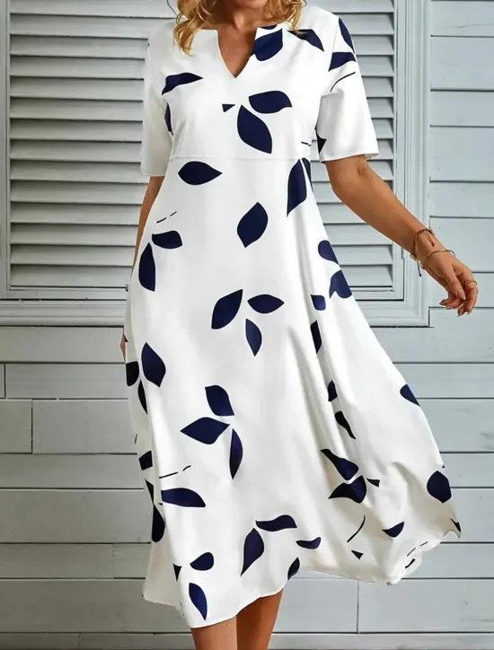 Hot Women's Midi Dress Leaf Pocket Print Split Neck Daily Vacation Half Sleeve Fall Women Casual Dress
