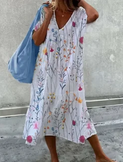 Sale Women's Midi Dress Linen-Inspired Dresses Jumper Dress Long Sleeve Boho Dress Elegant Bohemia Casual Vacation Home Daily Loose Fit Floral V Neck Pink Red Blue Summer Women Dresses