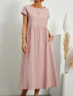 Sale Women's Midi Dress Linen-Inspired Dresses Casual Dress Cotton Linen Dress A Line Dress Stylish Casual Vacation Daily Date Regular Fit Plain Short Sleeve Crew Neck White Pink Orange Summer Spring Women Dresses