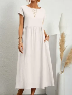 Sale Women's Midi Dress Linen-Inspired Dresses Casual Dress Cotton Linen Dress A Line Dress Stylish Casual Vacation Daily Date Regular Fit Plain Short Sleeve Crew Neck White Pink Orange Summer Spring Women Dresses