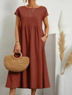 Sale Women's Midi Dress Linen-Inspired Dresses Casual Dress Cotton Linen Dress A Line Dress Stylish Casual Vacation Daily Date Regular Fit Plain Short Sleeve Crew Neck White Pink Orange Summer Spring Women Dresses