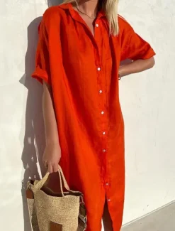 New Women's Midi Dress Linen-Inspired Dresses Shirt Dress Casual Dress Cotton Linen Dress Casual Daily Loose Fit Plain Short Sleeve Shirt Collar ArmyGreen Black Red Blue Summer Spring Fall Women Dresses