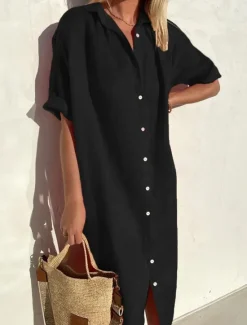 New Women's Midi Dress Linen-Inspired Dresses Shirt Dress Casual Dress Cotton Linen Dress Casual Daily Loose Fit Plain Short Sleeve Shirt Collar ArmyGreen Black Red Blue Summer Spring Fall Women Dresses