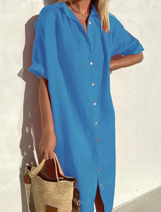 New Women's Midi Dress Linen-Inspired Dresses Shirt Dress Casual Dress Cotton Linen Dress Casual Daily Loose Fit Plain Short Sleeve Shirt Collar ArmyGreen Black Red Blue Summer Spring Fall Women Dresses