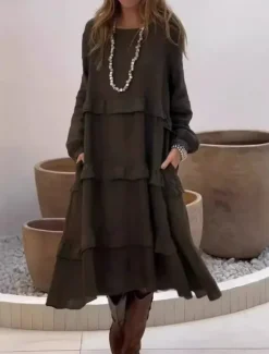 Outlet Women's Midi Dress Linen-Inspired Dresses Casual Dress Cotton Linen Dress Cotton Dress Basic Casual Vacation Daily Regular Fit Plain Long Sleeve Crew Neck Pink Green Apricot Summer Spring Women Dresses