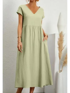 Best Women's Midi Dress Linen-Inspired Dresses Cotton Linen Dress Basic Classic Modern Vacation Daily Holiday Regular Fit Plain Short Sleeve V Neck Black Light Green Pink Army Green Summer Women Dresses