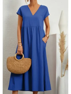 Best Women's Midi Dress Linen-Inspired Dresses Cotton Linen Dress Basic Classic Modern Vacation Daily Holiday Regular Fit Plain Short Sleeve V Neck Black Light Green Pink Army Green Summer Women Dresses