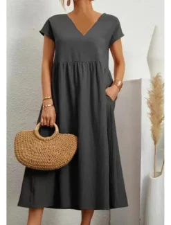 Best Women's Midi Dress Linen-Inspired Dresses Cotton Linen Dress Basic Classic Modern Vacation Daily Holiday Regular Fit Plain Short Sleeve V Neck Black Light Green Pink Army Green Summer Women Dresses