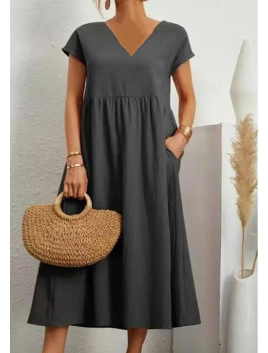 Best Women's Midi Dress Linen-Inspired Dresses Cotton Linen Dress Basic Classic Modern Vacation Daily Holiday Regular Fit Plain Short Sleeve V Neck Black Light Green Pink Army Green Summer Women Dresses