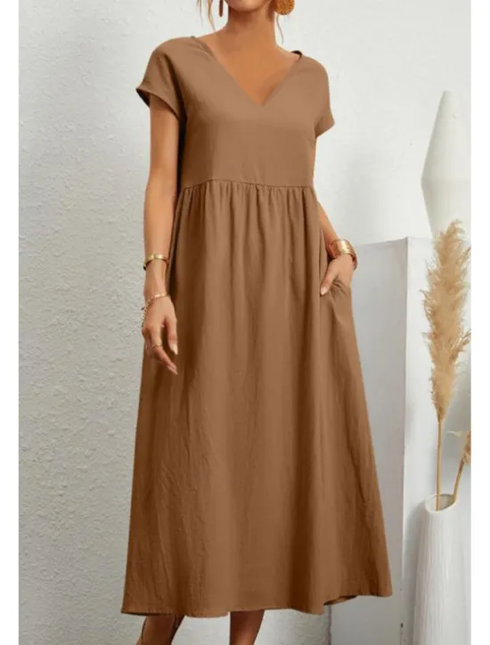 Best Women's Midi Dress Linen-Inspired Dresses Cotton Linen Dress Basic Classic Modern Vacation Daily Holiday Regular Fit Plain Short Sleeve V Neck Black Light Green Pink Army Green Summer Women Dresses