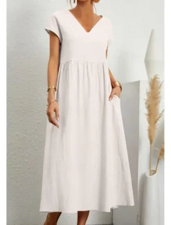 Best Women's Midi Dress Linen-Inspired Dresses Cotton Linen Dress Basic Classic Modern Vacation Daily Holiday Regular Fit Plain Short Sleeve V Neck Black Light Green Pink Army Green Summer Women Dresses