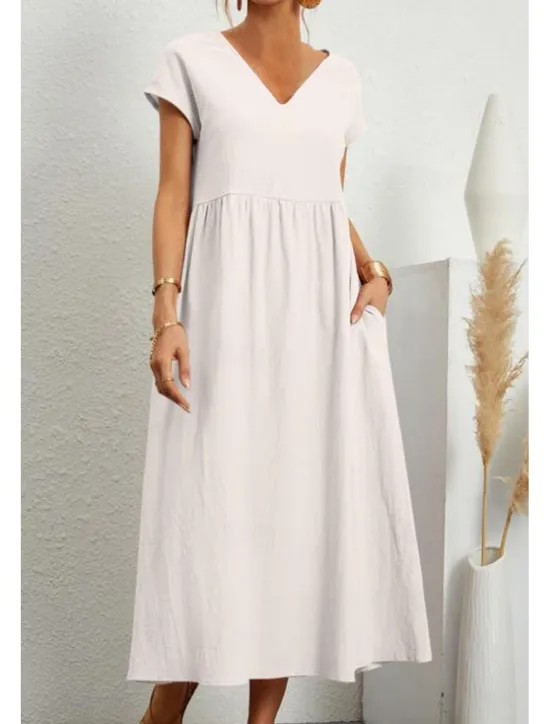 Best Women's Midi Dress Linen-Inspired Dresses Cotton Linen Dress Basic Classic Modern Vacation Daily Holiday Regular Fit Plain Short Sleeve V Neck Black Light Green Pink Army Green Summer Women Dresses