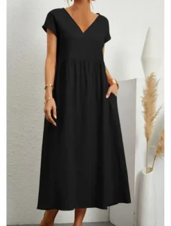 Best Women's Midi Dress Linen-Inspired Dresses Cotton Linen Dress Basic Classic Modern Vacation Daily Holiday Regular Fit Plain Short Sleeve V Neck Black Light Green Pink Army Green Summer Women Dresses