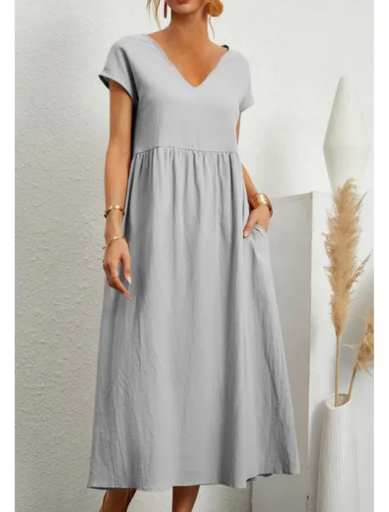 Best Women's Midi Dress Linen-Inspired Dresses Cotton Linen Dress Basic Classic Modern Vacation Daily Holiday Regular Fit Plain Short Sleeve V Neck Black Light Green Pink Army Green Summer Women Dresses