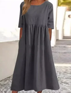 Hot Women's Midi Dress Linen-Inspired Dresses Casual Dress Cotton Linen Dress A Line Dress Stylish Casual Vacation Daily Date Regular Fit Plain Short Sleeve Crew Neck Black Army Green Dark Gray Summer Women Dresses