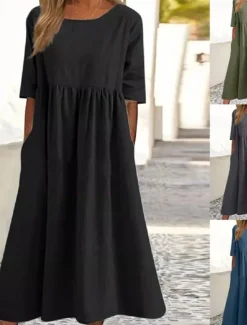 Hot Women's Midi Dress Linen-Inspired Dresses Casual Dress Cotton Linen Dress A Line Dress Stylish Casual Vacation Daily Date Regular Fit Plain Short Sleeve Crew Neck Black Army Green Dark Gray Summer Women Dresses