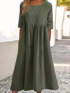 Hot Women's Midi Dress Linen-Inspired Dresses Casual Dress Cotton Linen Dress A Line Dress Stylish Casual Vacation Daily Date Regular Fit Plain Short Sleeve Crew Neck Black Army Green Dark Gray Summer Women Dresses