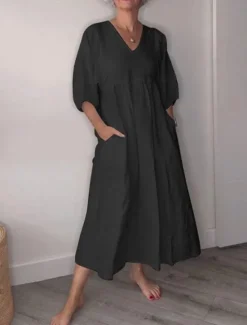 Clearance Women's Midi Dress Linen-Inspired Dresses Casual Dress Elegant Stylish Casual Vacation Daily Regular Fit Plain 3/4 Length Sleeve V Neck Black White Blue Gray Spring Fall Women Dresses