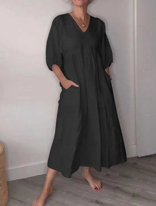 Clearance Women's Midi Dress Linen-Inspired Dresses Casual Dress Elegant Stylish Casual Vacation Daily Regular Fit Plain 3/4 Length Sleeve V Neck Black White Blue Gray Spring Fall Women Dresses