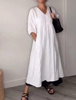 Clearance Women's Midi Dress Linen-Inspired Dresses Casual Dress Elegant Stylish Casual Vacation Daily Regular Fit Plain 3/4 Length Sleeve V Neck Black White Blue Gray Spring Fall Women Dresses