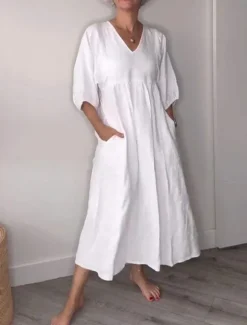Clearance Women's Midi Dress Linen-Inspired Dresses Casual Dress Elegant Stylish Casual Vacation Daily Regular Fit Plain 3/4 Length Sleeve V Neck Black White Blue Gray Spring Fall Women Dresses