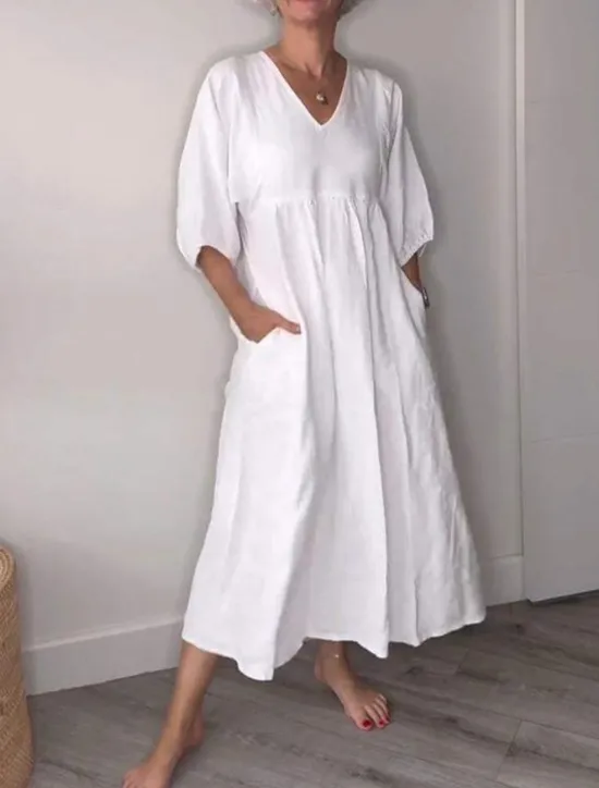 Clearance Women's Midi Dress Linen-Inspired Dresses Casual Dress Elegant Stylish Casual Vacation Daily Regular Fit Plain 3/4 Length Sleeve V Neck Black White Blue Gray Spring Fall Women Dresses