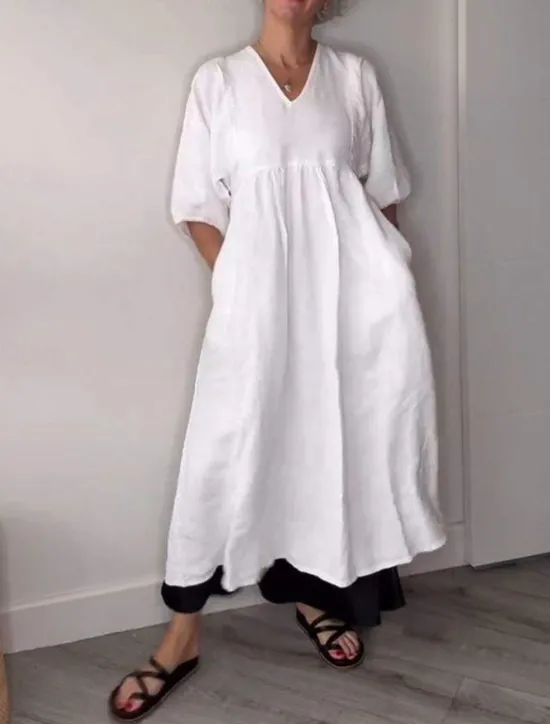 Clearance Women's Midi Dress Linen-Inspired Dresses Casual Dress Elegant Stylish Casual Vacation Daily Regular Fit Plain 3/4 Length Sleeve V Neck Black White Blue Gray Spring Fall Women Dresses