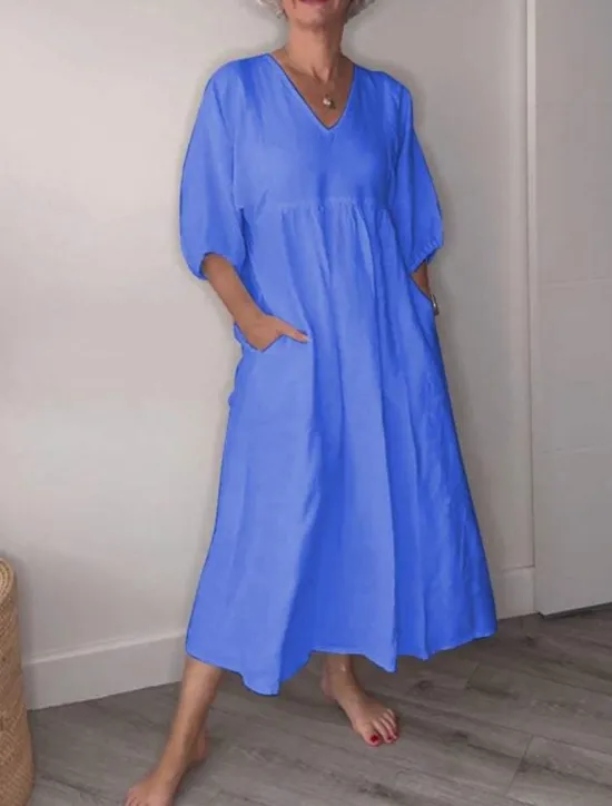 Clearance Women's Midi Dress Linen-Inspired Dresses Casual Dress Elegant Stylish Casual Vacation Daily Regular Fit Plain 3/4 Length Sleeve V Neck Black White Blue Gray Spring Fall Women Dresses