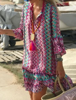 New Women's Midi Dress Long Sleeve Boho Dress Boho Dress Beach Dress Bohemia Modern Casual Flare Cuff Sleeve Outdoor Vacation Daily Loose Fit Color Block Long Sleeve V Neck Summer Spring Women Spring Dresses