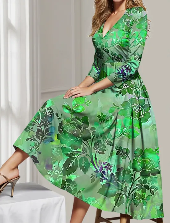 New Women's Midi Dress Party Dress Cocktail Dress Wedding Guest Dress Swing Dress Fashion Party Modern Formal Winter Dress Vacation Regular Fit Floral 3/4 Length Sleeve Deep V Red Blue Green Spring Fall Women Spring Dresses|Cocktail Dress