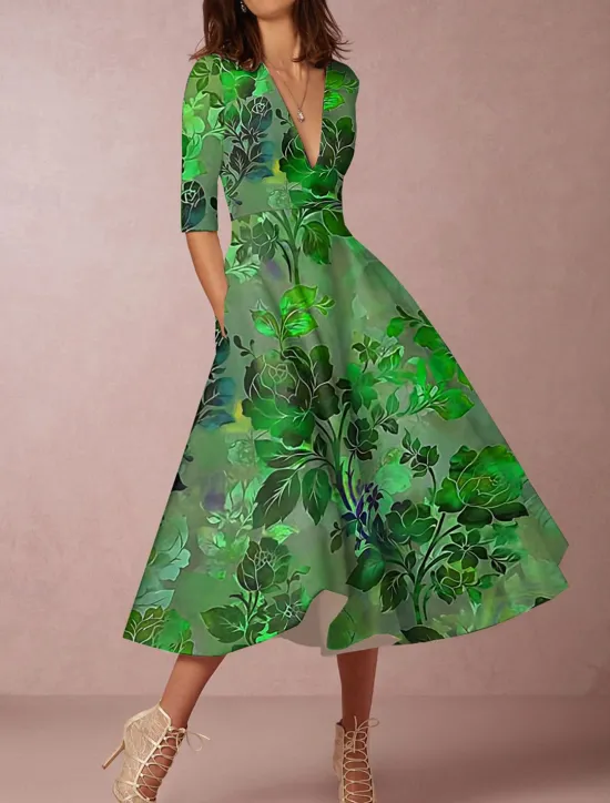 New Women's Midi Dress Party Dress Cocktail Dress Wedding Guest Dress Swing Dress Fashion Party Modern Formal Winter Dress Vacation Regular Fit Floral 3/4 Length Sleeve Deep V Red Blue Green Spring Fall Women Spring Dresses|Cocktail Dress