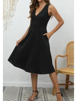 Discount Women's Midi Dress Party Dress Cocktail Dress Fashion Party Birthday Date Regular Fit Plain Sleeveless V Neck Black Wine Blue Dark Green Summer Women Cocktail Dress