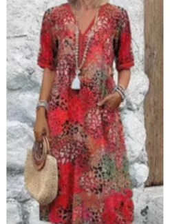 Discount Women's Midi Dress Print Dress Modern Outdoor Vacation Holiday Regular Fit Flower Short Sleeve V Neck Red Blue Khaki Rose Pink Summer Women Floral Dresses