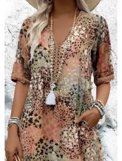Discount Women's Midi Dress Print Dress Modern Outdoor Vacation Holiday Regular Fit Flower Short Sleeve V Neck Red Blue Khaki Rose Pink Summer Women Floral Dresses