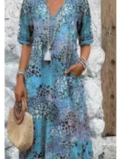 Discount Women's Midi Dress Print Dress Modern Outdoor Vacation Holiday Regular Fit Flower Short Sleeve V Neck Red Blue Khaki Rose Pink Summer Women Floral Dresses