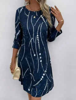 Hot Women's Midi Dress Round Neckline Abstract Beaded Constellation Pattern A-Line Three Quarter Sleeve Velvet Texture Navy Casual to Formal Occasions Women Cocktail Dress