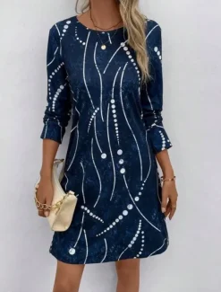 Hot Women's Midi Dress Round Neckline Abstract Beaded Constellation Pattern A-Line Three Quarter Sleeve Velvet Texture Navy Casual to Formal Occasions Women Cocktail Dress