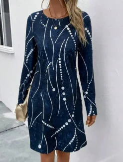Hot Women's Midi Dress Round Neckline Abstract Beaded Constellation Pattern A-Line Three Quarter Sleeve Velvet Texture Navy Casual to Formal Occasions Women Cocktail Dress