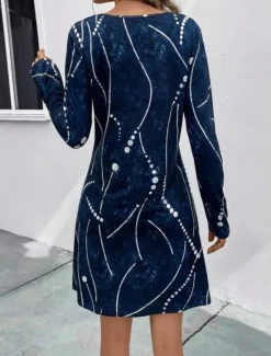 Hot Women's Midi Dress Round Neckline Abstract Beaded Constellation Pattern A-Line Three Quarter Sleeve Velvet Texture Navy Casual to Formal Occasions Women Cocktail Dress