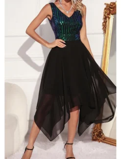 Women's Midi Dress Sequin Dress Party Dress Fashion Party Evening Party Regular Fit Color Block Sleeveless V Neck Green Apricot Summer Women Cocktail Dress