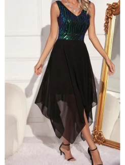 Women's Midi Dress Sequin Dress Party Dress Fashion Party Evening Party Regular Fit Color Block Sleeveless V Neck Green Apricot Summer Women Cocktail Dress